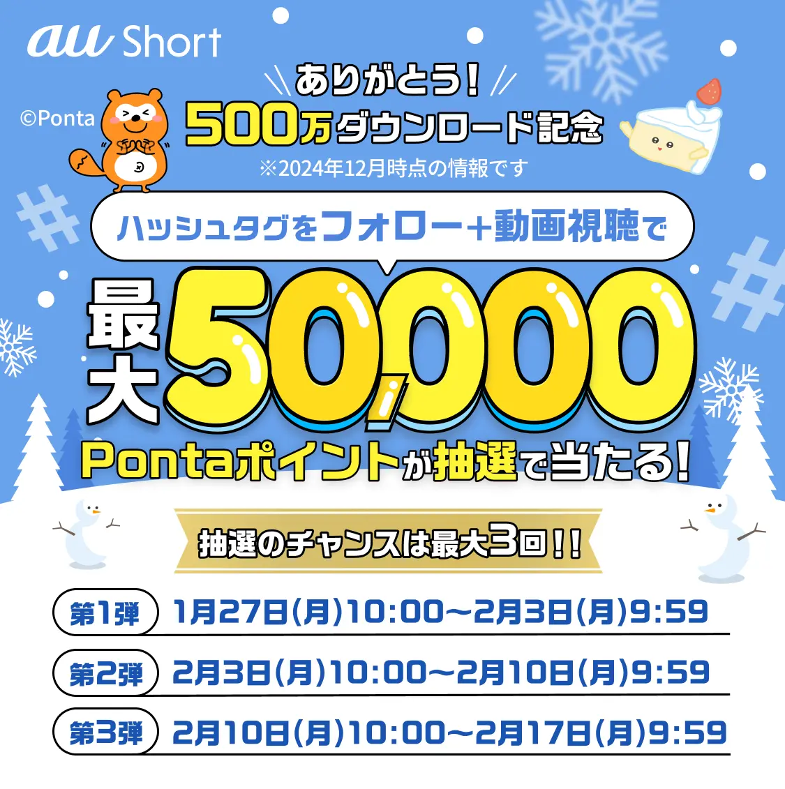 au short ありがとう！500万ダウンロード記念 ハッシュタグをフォロー＋動画視聴で最大50,000Pontaポイントが抽選で当たる! 抽選のチャンスは最大3回!! 第1弾1月27日(月)10:00〜2月3日(月)9:59 第2弾2月3日(月)10:00〜2月10日(月)9:59 第2弾2月10日(月)10:00〜2月17日(月)9:59